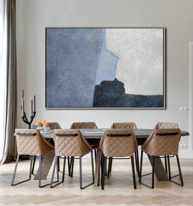 Oversized Canvas Art On Canvas,Horizontal Palette Knife Contemporary Art,Acrylic Painting Canvas Art,White,Blue,Black.etc